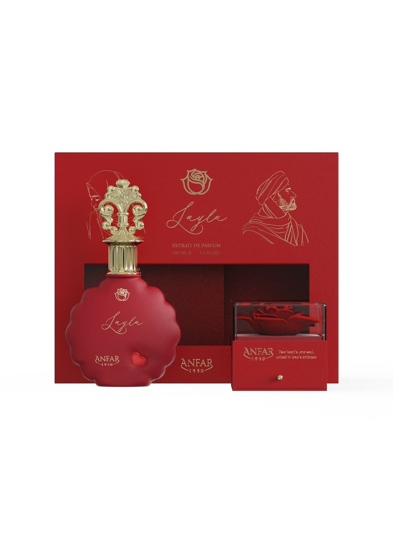 ANFAR 1950 Layla Gift Set – Extrait de Parfum 100ml for Women – Luxury Perfume with Decorative Rose & Necklace – Elegant Gift Set for Her - Image 1